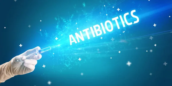 Seringue Injection Médicale Main Avec Inscription Antibiotique Concept Antidote Médical — Photo