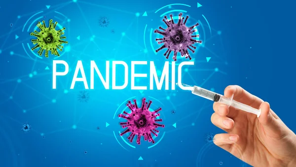 Strzykawka Zastrzyk Medyczny Wraz Napisem Pandemic Koncepcja Szczepionki Koronawirusowej — Zdjęcie stockowe