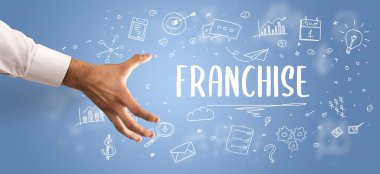 FRANCHISE yazıtına işaret eden kırpılmış elin yakın çekimi, modern iş çözümü kavramı