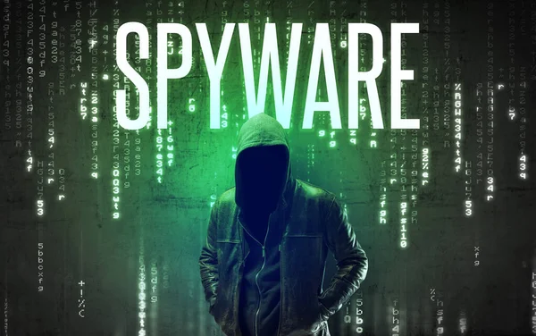 Gezichtloze Hacker Met Spyware Inscriptie Hacken Concept — Stockfoto