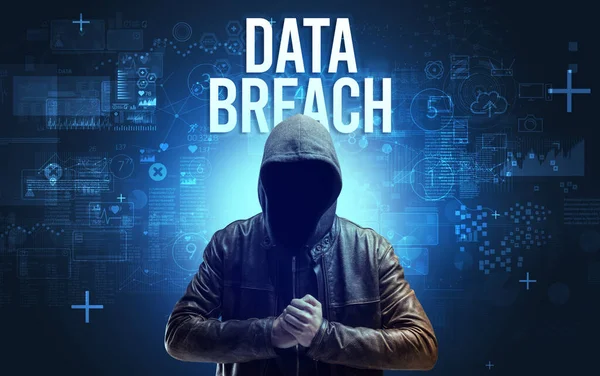 Homem Sem Rosto Com Inscrição Dados Breach Conceito Segurança Online — Fotografia de Stock