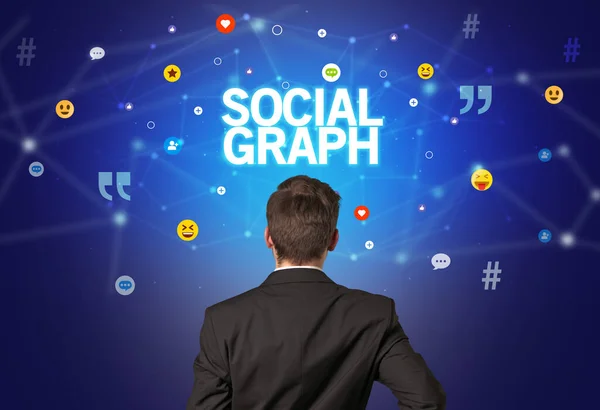 Rear View Businessman Social Graph Inscription Social Networking Concept — Stock Photo, Image
