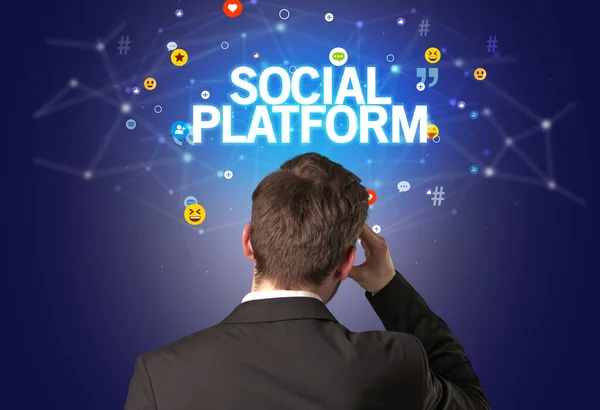 Rear View Businessman Social Platform Inscription Social Networking Concept — Stock Photo, Image