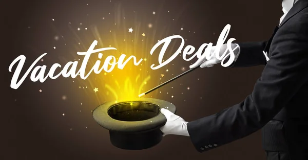 Magician Showing Magic Trick Vacation Deals Inscription Traveling Concept — Stock Photo, Image
