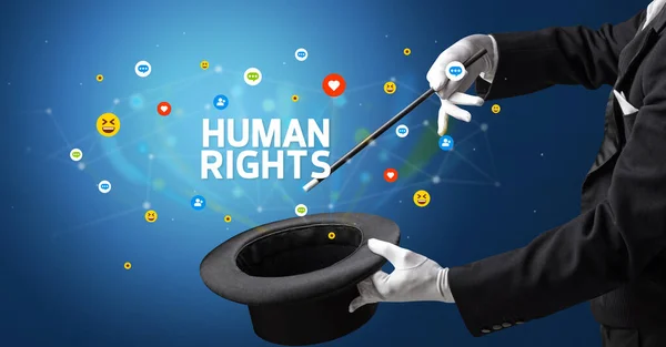 Mago Está Mostrando Truco Magia Con Inscripción Derechos Humanos Concepto — Foto de Stock