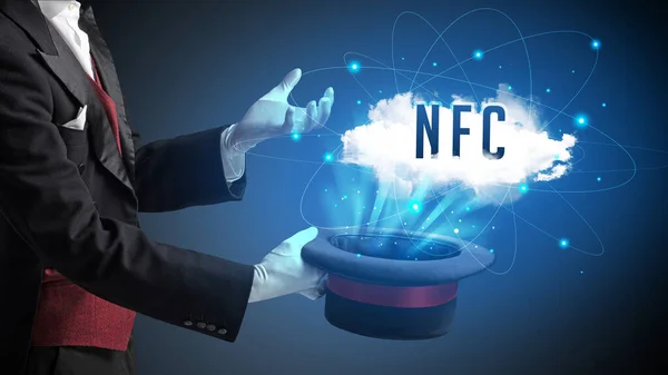 Goochelaar Toont Magische Truc Met Nfc Afkorting Modern Tech Concept — Stockfoto