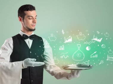 Smokinli yakışıklı garson, elinde para çantası ikonları, küresel piyasa konsepti.