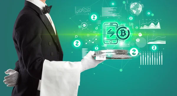 Jonge Ober Serveren Bitcoin App Pictogrammen Dienblad Geld Wisselen Concept — Stockfoto