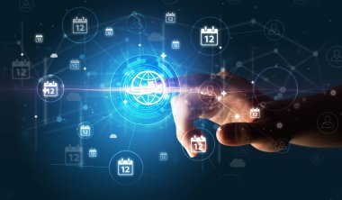 İş adamı, küresel simge, gelecekçi konsept ile çoklu dokunmatik ekranda hisse senedi grafik bilgilerine el basıyor