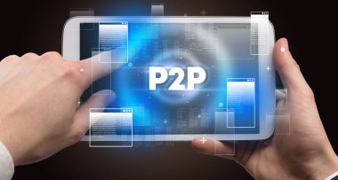 P2P kısaltmalı el ele tutuşma tableti, modern teknoloji konsepti