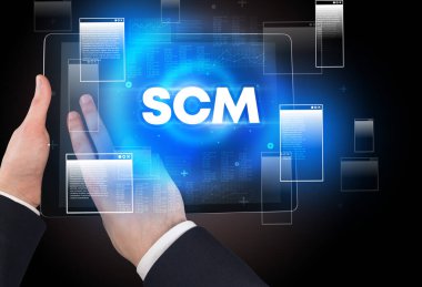 SCM kısaltmalı el ele tutuşma tableti, modern teknoloji konsepti