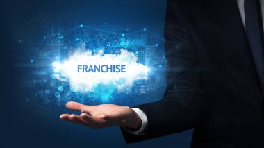 FRANCHISE yazıtlarını tutan İşadamı 'nın eli, başarılı iş kavramı