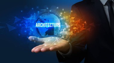 Şık el ele tutuşması ARCHITECTURE yazıtları, dijital teknoloji kavramı