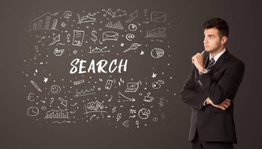 SEARCH yazıtları ve iş eğitimi kavramı ile düşünen işadamı