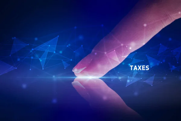 Tablet Toccante Dita Con Iscrizione Taxes Concetto Business — Foto Stock
