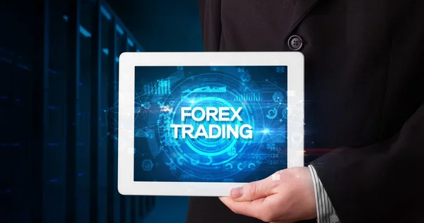Young Business Person Working Tablet Shows Inscription Forex Trading Business — Stock Photo, Image