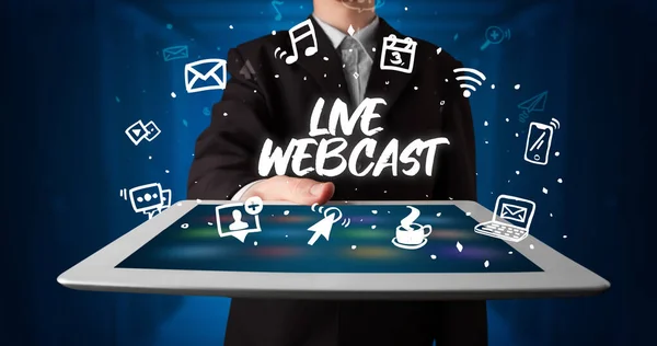Young Business Person Working Tablet Shows Inscription Live Webcast — Stock Photo, Image