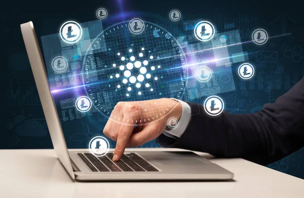 Business Hand Working Stock Market Cardano Icons Coming Out Laptop — Stock Photo, Image