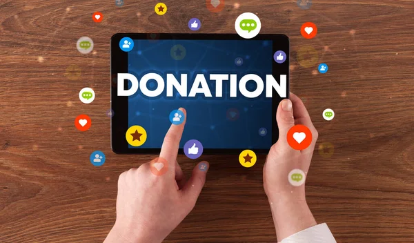 Close Touchscreen Donation Inscription Social Networking Concept — Stock Photo, Image
