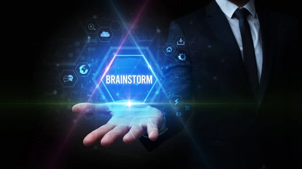Man Hand Holding Brainstorm Inscription Social Media Concept — Stock Photo, Image