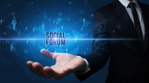 Elegant Hand Holding Social Forum Inscription Social Networking Concept — Stock Photo, Image