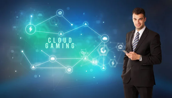 Businessman Front Cloud Service Icons Cloud Gaming Inscription Modern Technology — Stock Photo, Image
