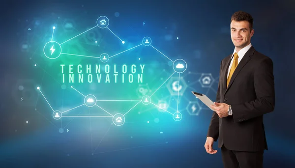 Businessman Front Cloud Service Icons Technology Innovation Inscription Modern Technology — Stock Photo, Image