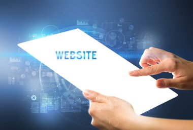 Web Sitesi yazıtlı el işi fütüristik tablet, yeni teknoloji konsepti