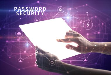 Holding futuristic tablet with PASSWORD SECURITY inscription, cyber security concept