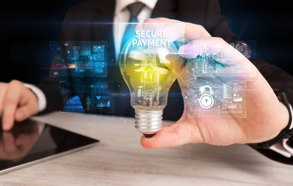 Businessman Holding Lightbulb Secure Payment Inscription Online Security Idea Concept — Stock Photo, Image