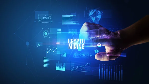 Mano Que Toca Inscripción Crypto Mining Nuevo Concepto Tecnología Empresarial — Foto de Stock