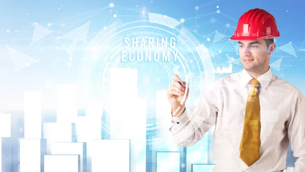Knappe Zakenman Met Helm Tekening Sharing Economy Inscriptie Constructie Business — Stockfoto