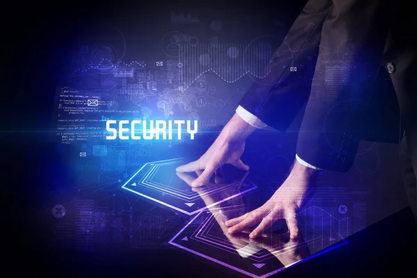 Hand Aanraken Van Digitale Tafel Met Inscriptie Security New Age — Stockfoto