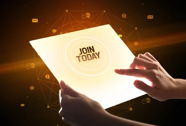 Holding Futuristic Tablet Join Today Inscription Social Media Concept — Stock Photo, Image