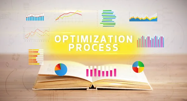 有Optimization Process Inscription New Business Concept的开卷书 — 图库照片