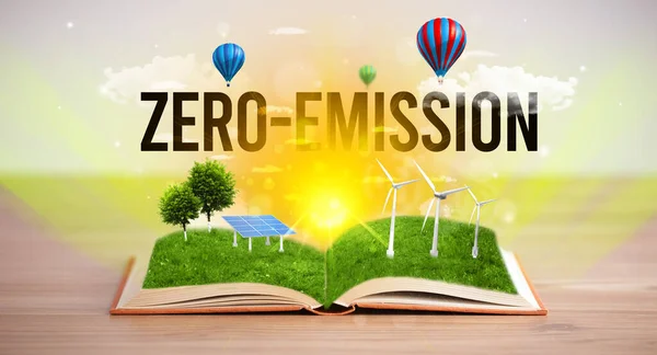Open book with ZERO-EMISSION inscription, renewable energy concept