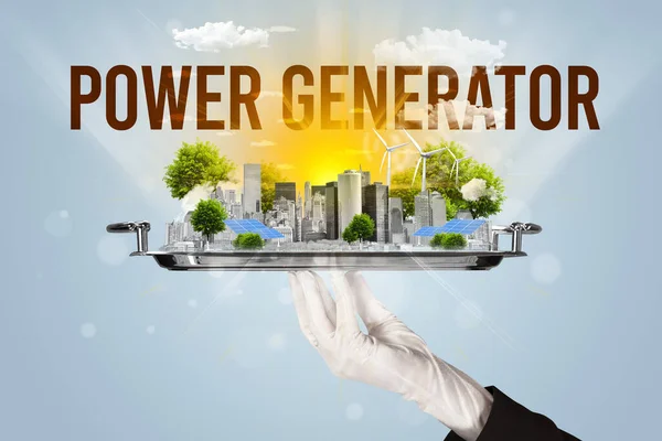 Camarero Sirviendo Eco Ciudad Con Inscripción Power Generator Concepto Energía — Foto de Stock