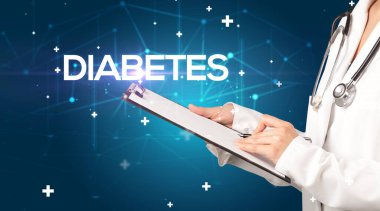 Doktor tıbbi kayıtları DIABETES yazıtları ve tıbbi konseptle dolduruyor.