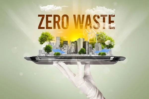 Camarero Sirviendo Eco Ciudad Con Inscripción Cero Waste Concepto Energía — Foto de Stock