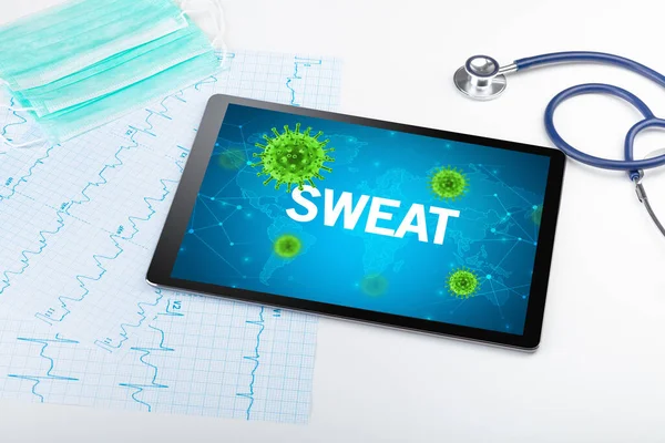Close View Tablet Sweat Inscription Microbiology Concept — Stock Photo, Image
