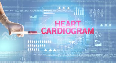 Doktorların yakın plan görüntüsü elinde şırınga tutan beyaz bir eldiven içinde kalp kardiyogramı, yazıt, sağlık ve tıbbi konsept.