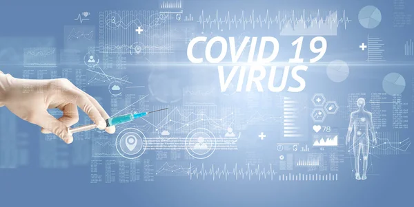 Injekční Jehla Virovou Vakcínou Nápisem Covid Virus Koncept Antidota — Stock fotografie