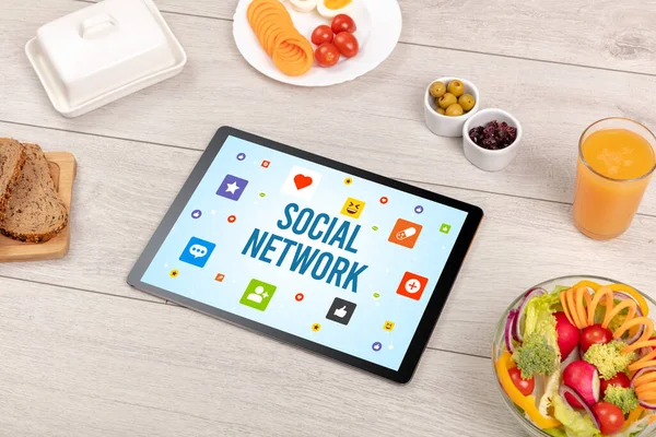 Hälsosam Tablet Sammansättning Med Social Network Inskription Sociala Nätverk Koncept — Stockfoto