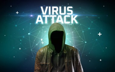VIRUS ATTACK yazıtlı gizemli hacker, çevrimiçi saldırı konsepti yazıt, çevrimiçi güvenlik kavramı