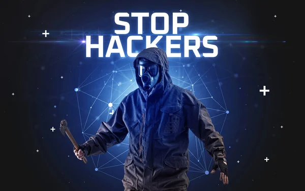 Mysterious Hacker Stop Hackers Inscription Online Attack Concept Inscription Online — Stock Photo, Image