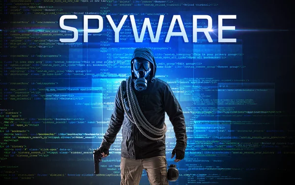 Faceless Hacker Spyware Inscription Binary Code Background — Stock Photo, Image