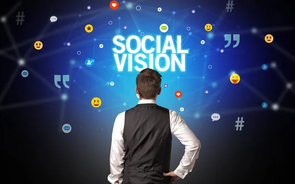 Rear View Businessman Social Vision Inscription Social Networking Concept — Stock Photo, Image