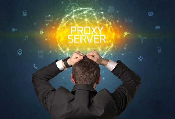 Rear View Businessman Proxy Server Inscription Online Security Concept — Stock Photo, Image