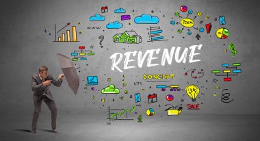 Şemsiyenin arkasına saklanan kararlı iş adamı. Üzerinde REVENUE yazıları, yeni iş konsepti var.