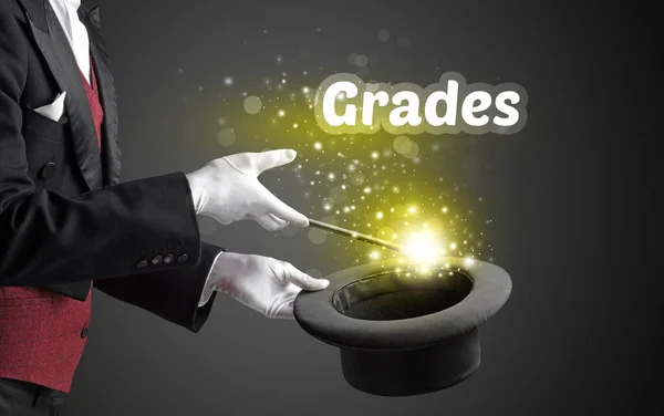 Magician Showing Magic Trick Grades Inscription Educational Concept — Stock Photo, Image